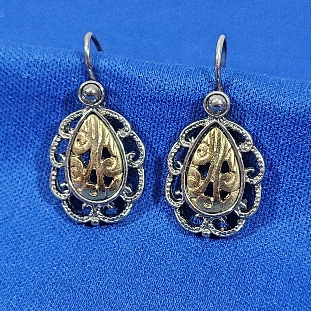 Vintage Teardrop Earrings Silver-tone Ornate‎ Drop Dangle Pierced Hooks